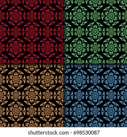 Floral seamless patterns. Collection of black backgrounds with colored elements. Vector illustration