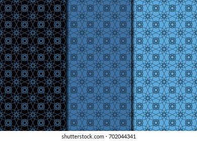 Floral seamless patterns. Collection of black and blue vertical backgrounds. Vector illustration