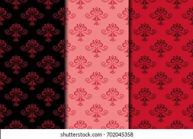 Floral seamless patterns. Collection of black and red vertical backgrounds. Vector illustration