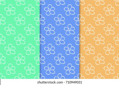 Floral seamless patterns. Collection of green, blue and orange backgrounds. Vector illustration
