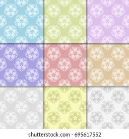 Floral seamless patterns. Collection of multi colored backgrounds. Vector illustration