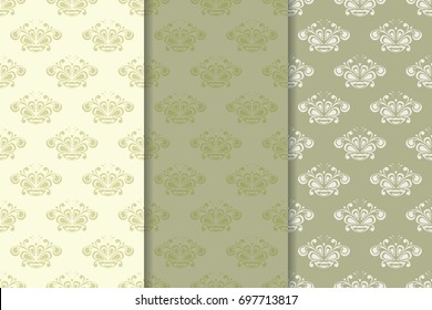 Floral seamless patterns. Collection of olive green pale vertical backgrounds. Vector illustration