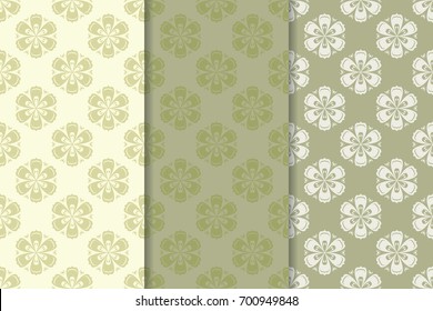 Floral seamless patterns. Collection of olive green pale vertical backgrounds. Vector illustration