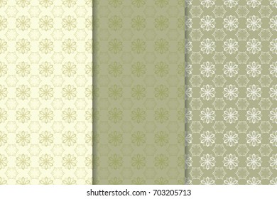 Floral seamless patterns. Collection of olive green pale vertical backgrounds. Vector illustration