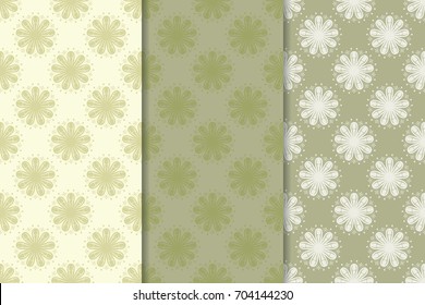 Floral seamless patterns. Collection of olive green pale vertical backgrounds. Vector illustration