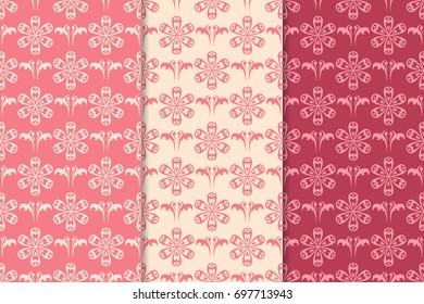 Floral seamless patterns. Collection of red vertical backgrounds. Vector illustration