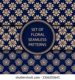 Floral seamless patterns compilation. Golden designs on dark blue backgrounds
