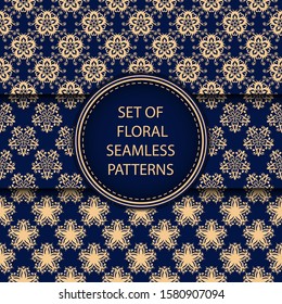 Floral seamless patterns compilation. Golden designs on dark blue backgrounds. Vector illustration