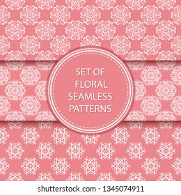 Floral seamless patterns compilation. White designs on pink backgrounds