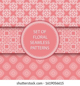 Floral seamless patterns compilation. White designs on pink backgrounds. Vector illustration
