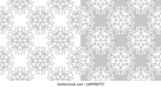 Floral seamless patterns. Gray and white designs. Backgrounds compilation. Vector illustration