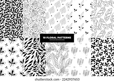 Floral seamless patterns. Leaves and flowers in black and white tones. Repeating endless vector design for paper, cover, fabric, interior decor and textile users. Vector illustration. 