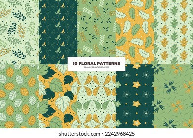 Floral seamless patterns. Leaves and flowers in green and yellow tones. Repeating vector design for paper, cover, fabric, interior decor and textile users. Vector illustration. 