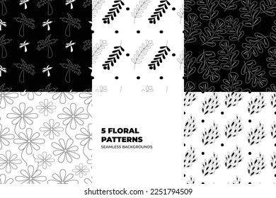 Floral seamless patterns. Leaves and flowers in black and white tones. Repeating endless vector design for paper, cover, fabric, interior decor and textile users. Vector illustration. 