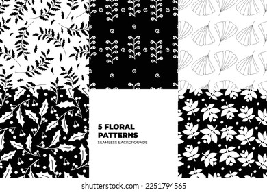 Floral seamless patterns. Leaves and flowers in black and white tones. Repeating endless vector design for paper, cover, fabric, interior decor and textile users. Vector illustration. 