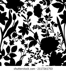floral seamless patterns. Meadow plants, leaves, leaf and  flowers. All over print. Botanical collage in modern flat style. Floral silhouettes. black and white print.