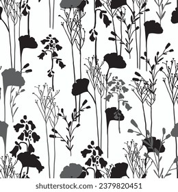 floral seamless patterns. Meadow plants, leaves, leaf and flowers. All over print. Botanical collage in modern flat style. Floral silhouettes. black and white print.