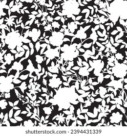 floral seamless patterns. Meadow plants, leaves, leaf and flowers. All over print. Botanical collage in modern flat style. Floral silhouettes. black and white print. Nature garden background