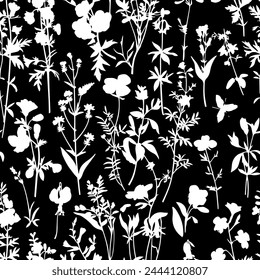 Floral seamless patterns. Meadow plants, leaves, leaf and flowers. All over print. Botanical collage in modern flat style. Floral silhouettes. black and white print.