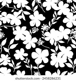 Floral seamless patterns. Meadow plants, leaves, leaf and flowers. All over print. Botanical modern flat style. Floral silhouettes. black and white print.