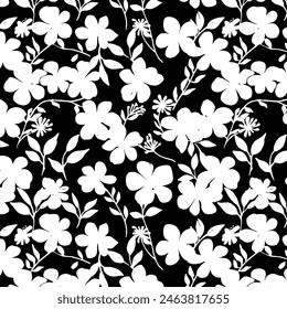 Floral seamless patterns. Meadow plants, leaves, leaf and flowers. All over print. Botanical modern flat style. Floral silhouettes. black and white print.