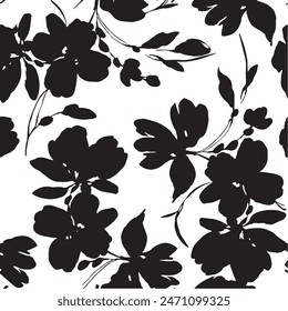 floral seamless patterns. Meadow plants, leaves, leaf and flowers. All over print. Botanical collage in modern flat style. Floral silhouettes. black and white print. Floral drawings collection.