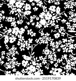 floral seamless patterns. Meadow plants, leaves, leaf and flowers. All over print. Botanical collage in modern flat style. Floral silhouettes. black and white print. Floral drawings collection.