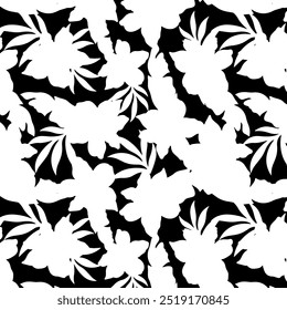 floral seamless patterns. Meadow plants, leaves, leaf and flowers. All over print. Botanical collage in modern flat style. Floral silhouettes. black and white print. Floral drawings collection.