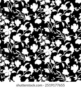 floral seamless patterns. Meadow plants, leaves, leaf and flowers. All over print. Botanical collage in modern flat style. Floral silhouettes. black and white print. Floral drawing collection.