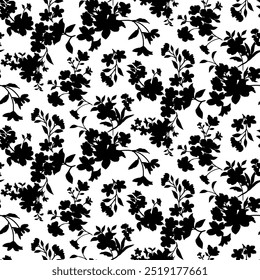 floral seamless patterns. Meadow plants, leaves, leaf and flowers. All over print. Botanical collage in modern flat style. Floral silhouettes. black and white print. Floral drawing collection.