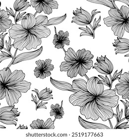 floral seamless patterns. Meadow plants, leaves, leaf and flowers. All over print. Botanical collage in modern flat style. Floral silhouettes. black and white print. Floral drawing collection.