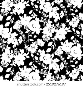 floral seamless patterns. Meadow plants, leaves, leaf and flowers. All over print. Botanical collage in modern flat style. Floral silhouettes. black and white print. Floral drawing.
