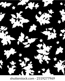floral seamless patterns. Meadow plants, leaves, leaf and flowers. All over print. Botanical collage in modern flat style. Floral silhouettes. black and white print. Floral drawings collection.