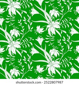 padrões florais sem emenda. Plantas de prado, folhas, folhas e flores. Tudo sobre a impressão. Colagem botânica em estilo plano moderno. Silhuetas florais. impressão em verde e branco. Coleção de desenhos florais.