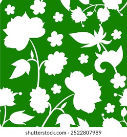 Patrones florales sin costuras. Plantas de pradera, hojas, hojas y flores. Impresión por todas partes. Collage botánico en estilo plano moderno. Siluetas florales. Estampado verde y blanco. Colección de dibujos florales.