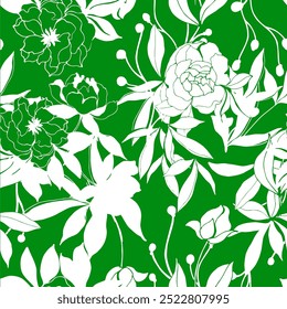 floral seamless patterns. Meadow plants, leaves, leaf and flowers. All over print. Botanical collage in modern flat style. Floral silhouettes. green and white print. Floral drawings collection.