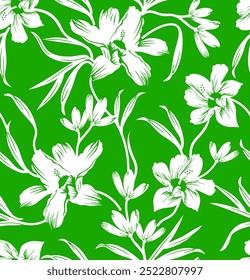 floral seamless patterns. Meadow plants, leaves, leaf and flowers. All over print. Botanical collage in modern flat style. Floral silhouettes. green and white print. Floral drawings collection.