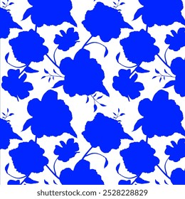 padrões florais sem emenda. Plantas de prado, folhas, folhas e flores. Tudo sobre a impressão. Colagem botânica em estilo plano moderno. Silhuetas florais. impressão em azul e branco. Coleção de desenhos florais.