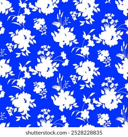 floral seamless patterns. Meadow plants, leaves, leaf and flowers. All over print. Botanical collage in modern flat style. Floral silhouettes. blue and white print. Floral drawings collection.