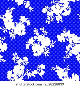 floral seamless patterns. Meadow plants, leaves, leaf and flowers. All over print. Botanical collage in modern flat style. Floral silhouettes. blue and white print. Floral drawings collection.