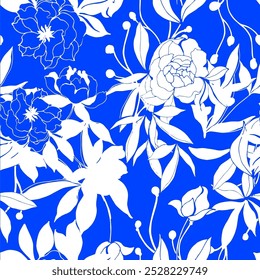 Patrones florales sin costuras. Plantas de pradera, hojas, hojas y flores. Impresión por todas partes. Collage botánico en estilo plano moderno. Siluetas florales. Estampado azul y blanco. Colección de dibujo floral. floral 