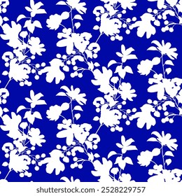 Patrones florales sin costuras. Plantas de pradera, hojas, hojas y flores. Impresión por todas partes. Collage botánico en estilo plano moderno. Siluetas florales. Estampado azul y blanco. Colección de dibujo floral. floral 
