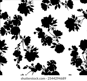 floral seamless patterns. Meadow plants, leaves, leaf and flowers. All over print. Botanical collage in modern flat style. Floral silhouettes. black and white print. Floral drawings collection.
