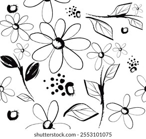 Patrones florales sin costuras. Plantas de pradera, hojas, hojas y flores. Impresión por todas partes. Collage botánico en estilo plano moderno. Siluetas florales. Estampado en blanco y negro. Colección de dibujos florales.