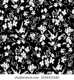 floral seamless patterns. Meadow plants, leaves, leaf and flowers. All over print. Botanical collage in modern flat style. Floral silhouettes. black and white print. Floral drawings collection.