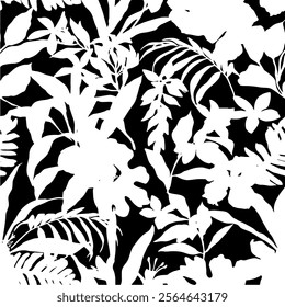 floral seamless patterns. Meadow plants, leaves, leaf and flowers. All over print. Botanical collage in modern flat style. Floral silhouettes. black and white print. Floral drawings collection.