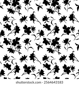floral seamless patterns. Meadow plants, leaves, leaf and flowers. All over print. Botanical collage in modern flat style. Floral silhouettes. black and white print. Floral drawings collection.