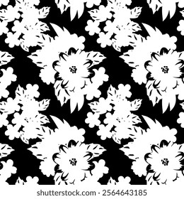 floral seamless patterns. Meadow plants, leaves, leaf and flowers. All over print. Botanical collage in modern flat style. Floral silhouettes. black and white print. Floral drawings collection.