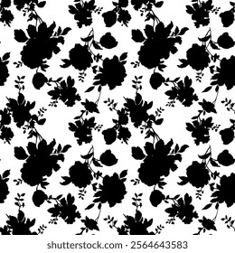 floral seamless patterns. Meadow plants, leaves, leaf and flowers. All over print. Botanical collage in modern flat style. Floral silhouettes. black and white print. Floral drawings collection.