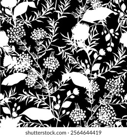 floral seamless patterns. Meadow plants, leaves, leaf and flowers. All over print. Botanical collage in modern flat style. Floral silhouettes. black and white print. Floral drawings collection.
